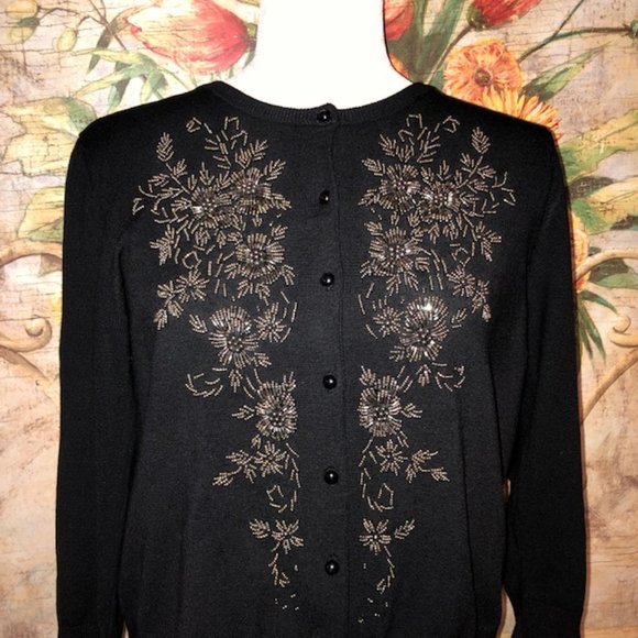 Sz L Spense Silver Beaded Floral Black Cardigan - Picture 1 of 9